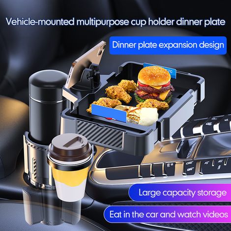Vassoio portabicchieri per auto, doppio tappo 4 in 1, portabicchieri multifunzionale regolabile per telefono, estensore per snack (1/5)