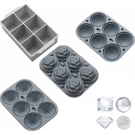 Moule À Glace En Silicone - 6 Compartiments Formes Variées - Cercle Carré Losange Fleur De Rose - 60 mm - Sans BPA - Pour Whisky Cocktails Et Boissons (1/5)
