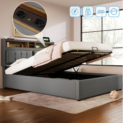 Cama Polsterbett 160x200 con USB-C, Ajustable, Gris - Linen (1/5)