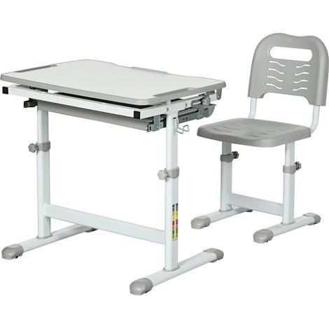 Bureau enfant pour 6-12 ans avec chaise et hauteur réglable, plateau inclinable, 66 x 47 x 52-77 cm, gris (1/5)