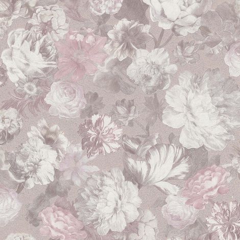 Carta da parati vinilica su tessuto non tessuto, fiori rosa e grigi, stile rustico, 10 m (1/5)