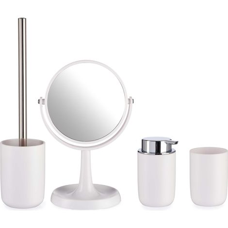 Ensemble de salle de bain blanc 4 en 1 : miroir, brosse, tasse, porte-savon, cadeau (1/3)