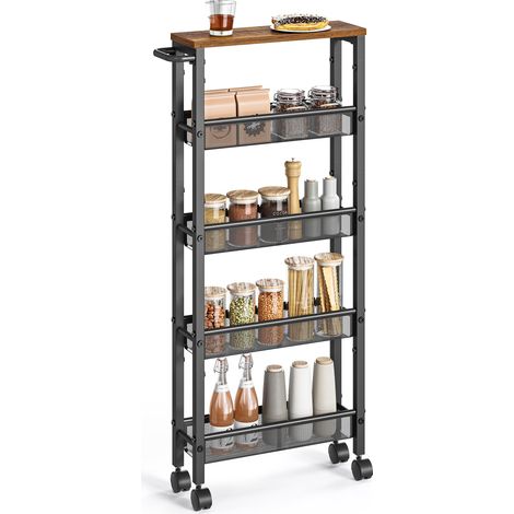 Desserte 5 Niveaux, Étagère de Cuisine Fin avec roulettes, Cadre en Acier, Poignée, Petit Espace, 13 x 45,4 x 99,6 cm, Salle de Bain, Salon, Bureau, Marron Rustique et Noir LRC034B01 (1/5)