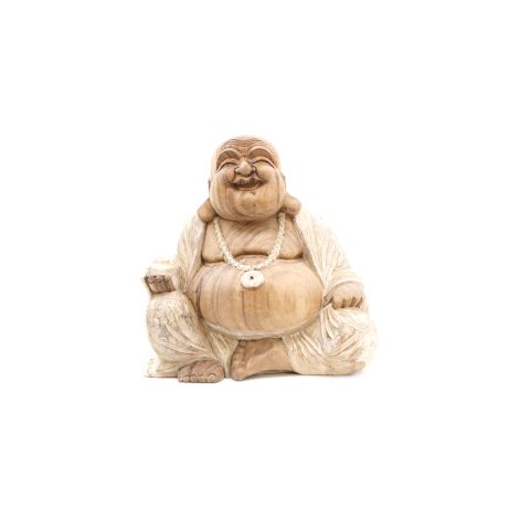 Statue de Bouddha sculptée à la main - 40 cm Happy - Blanchiment à la chaux- Vendu par 1