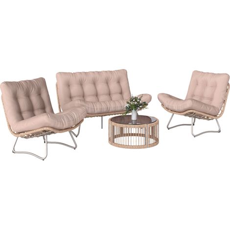 4-teiliges Gartenmöbelset: Lounge-Set aus Polyrattan mit 2-Sitzer-Sofa, 2 Sesseln, Glastisch, breiten und tiefen Sitzen, dicken Kissen