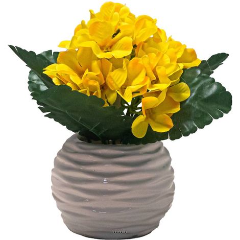 Pot céramique de fleurs artificielles Primeveres pour le cimetière H 18 cm D 15 cm Jaune - couleur: Jaune