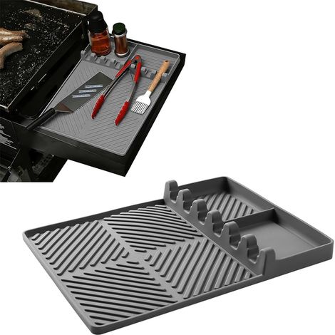Silikon-Grillmatte, Grillunterlage für Gasgrills mit Seitenablagen, Beistelltischmatte für Küchen, Herde, Grills, Arbeitsplatten (Grau) (1/5)