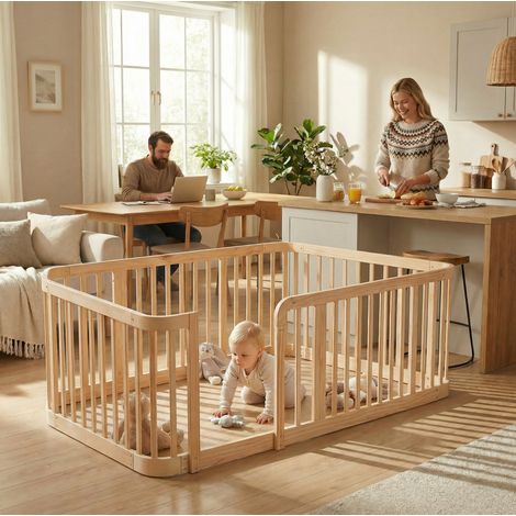 Parque infantil modular fabricado en madera de ingeniería natural, 140x200 cm, extensible, bordes redondeados. (1/5)