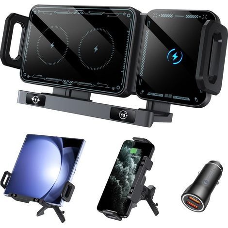 Support de téléphone Portable de Voiture pour Galaxy Z Fold 6 5 4 3 2 avec Fonction de Charge 15 W Dual Coils QC 3.0 Fast Wireless Charger Auto pour Z Fold Support de Voiture Rotatif