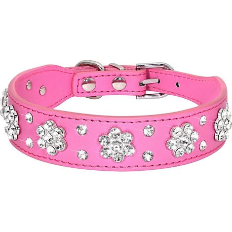 Collier pour chien en strass, mignon collier pour chien et chat en strass fleuri, collier en similicuir PU réglable tailles petit (1/4)