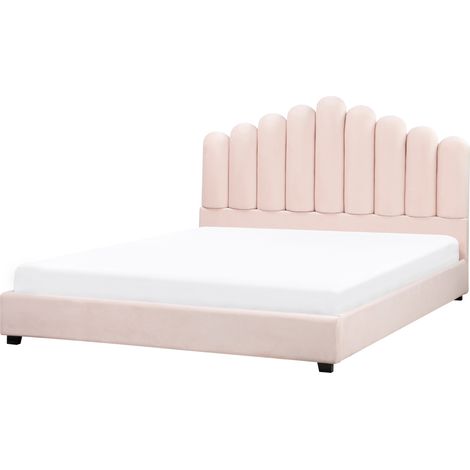 Cama con somier de terciopelo cabecero de concha marina rosa pastel 180 x 200 cm Vincennes