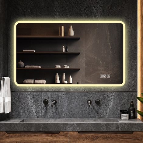REDOM - Miroir de salle de bain LED - 60x100 cm - anti buée - 3 couleurs de lumière - intensité réglable - verre trempé - argenté