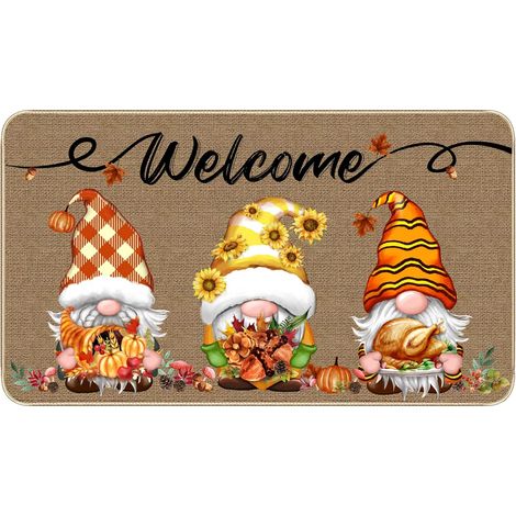 Paillasson décoratif « Bienvenue en automne » et lavable, motif citrouille, tournesol, dinde et feuille d'érable. Tapis d'intérieur et d'extérieur pour Thanksgiving et récolte d'automne. (1/5)