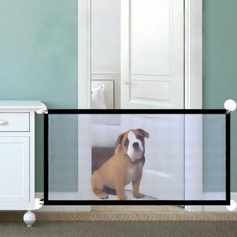 Barrière Pliable pour Animaux de Compagnie, Noir, 110 × 72 cm, Barrière de Sécurité pour Chiens et Chats, Pet Gate sans Perçage, Filet en Nylon avec (1/4)