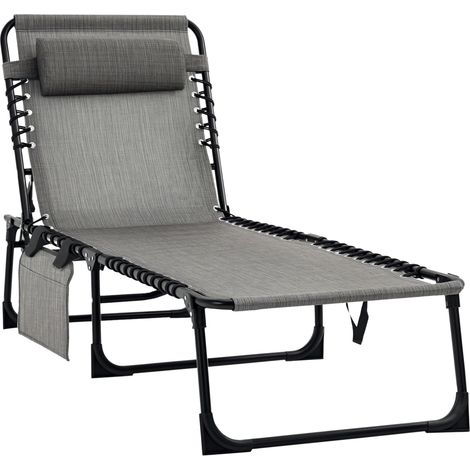 Outsunny Portable Sun Lounger, Folding Camping Bed Cot, Reclining Lounge Chair 5-position Adjustable Backrest with Side Pocket, Pillow for Patio Garden Beach Pool, Mixed Grey (1/5)