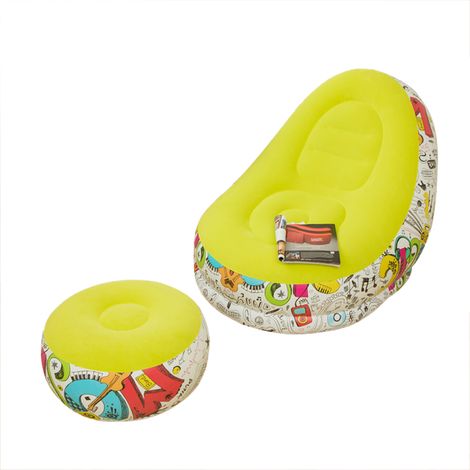 Canapé gonflable motifs graffitis + pouf transportable, fauteuil relax ergonomique velours épais teintes macaron salon chambre extérieur (1/3)