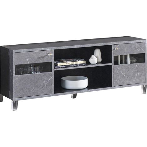 Meuble TV bois gris effet marbre vernis Botela 120cm (1/3)