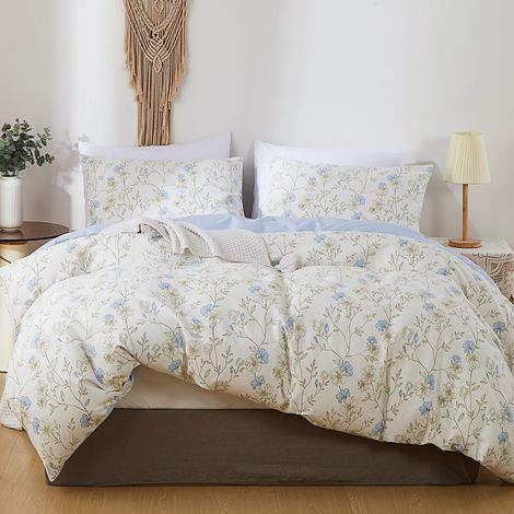 Parure de lit en coton 135x200 Bleu Blanc Motif fleurs petites Fleurs Petit imprimé floral Ensemble de housse de couette Esthétique Botanique Prairie de fleurs Motif floral Drap-housse avec (1/5)