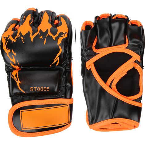 Gants de boxe professionnels MMA sans doigts en cuir PU, sac de frappe, gants Sanda, semelle noire, griffes orange (1/5)