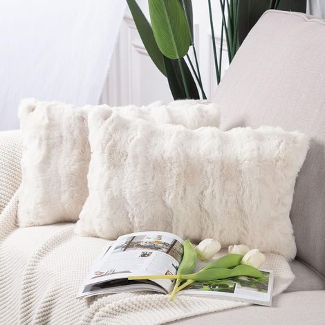 Set mit 2 weichen, plüschigen, kurzen Wollfleece-Dekorationskissenbezügen im Luxusstil für Sofa und Schlafzimmer, cremeweiß, 30 x 50 cm (1/5)