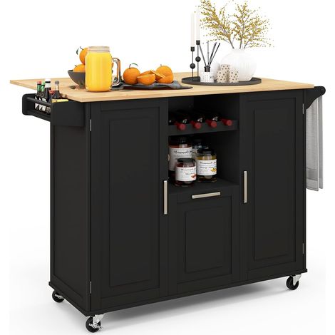 COSTWAY Carrito de Cocina Isla de Cocina con Encimera de Hoja Abatible y 4 Ruedas Giratorias Carrito de Cocina con Cajón Profundo Estante para Botellas de Vino y Barra para Toallas (Negro) (1/5)
