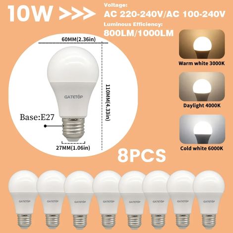 Lampes de croissance pour plantes (Lot de 8 ampoules LED E27 10 W, lumière du jour 4000 K, AC 220-240 V) Équivalent à une ampoule à incandescence de 100 W, ultra-lumineuse pour le salon (1/5)