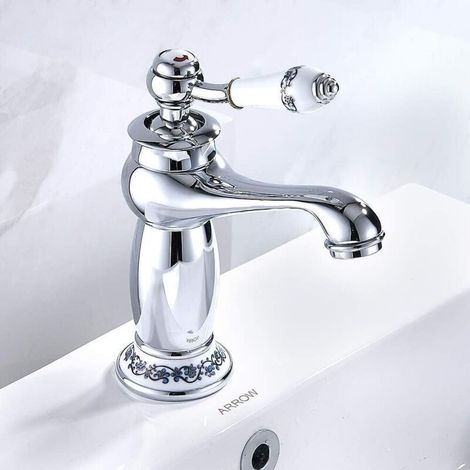 Mitigeur lavabo de salle de bain haute classique en laiton, Robinet de lavabo en laiton céramique porcelaine noire et blanche col long rétro floral apporter de l'eau froide et chaude robinet d'eau (1/4)