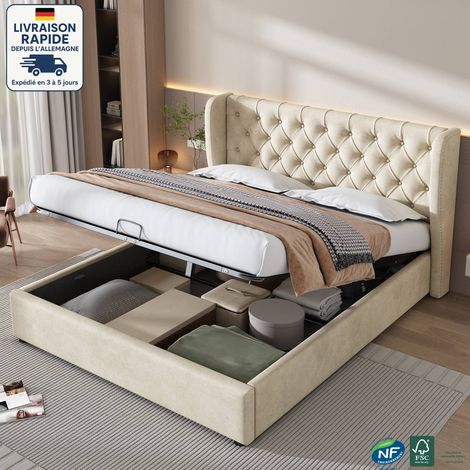 Lit coffre 160x200 cm, style minimaliste moderne, hydraulique, sommier à lattes, velours, sans matelas, beige (1/5)