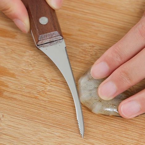 Coupeur de dos de crevette en acier inoxydable, manche en bois, lame tranchante avec dentelures anti-dérapantes pour préparation des fruits de mer (1/5)