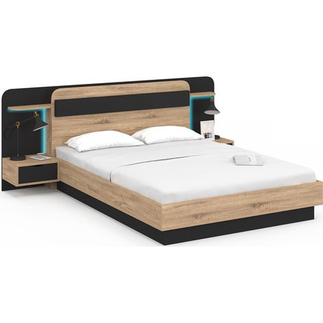 Idmarket – Lit double 140 x 190 cm – Tête de lit avec étagère et LED – Chevets suspendus – Sommier en bois noir – Design contemporain