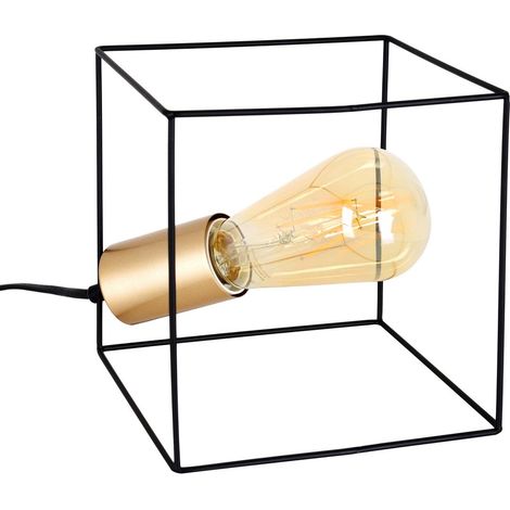Lampe à Poser Design Cube Filaire en Métal Noir et Doré, Douille E27, Hauteur 16 cm - PANGIVO (1/4)