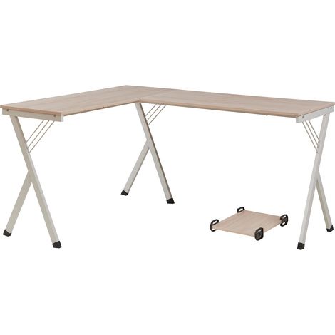 Bureau table poste de travail 158 x 120 x 75 cm blanc effet chêne (1/5)