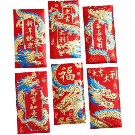 Lot de 6 enveloppes rouges Hong Bao pour le Nouvel An chinois, avec feuille d'or lisse, porte-bonheur, à offrir pour les visites familiales et les anniversaires.-Style A