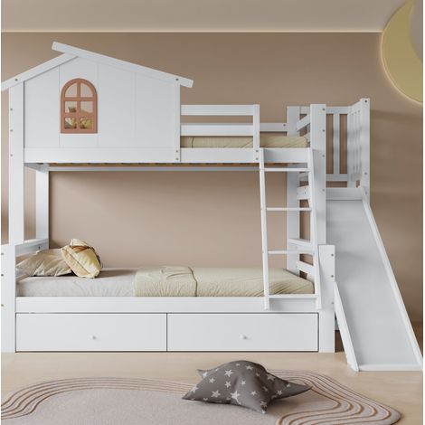 Cama litera infantil con tobogán y cajones blanca OKMYHOME (1/5)
