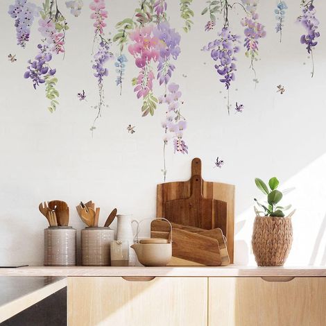 Stickers Muraux Fleurs Violette Autocollant Mural Floral Vigne Plantes Aquarelle Deco Stickers Salon Cuisine Chambre Enfants Bébé Décoration (1/4)