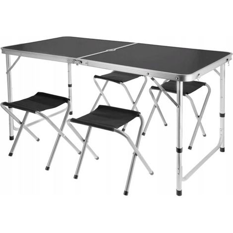 Ensemble de mobilier de camping pliable – Table 120 x 60 cm + 4 chaises 27 x 32 x 35 cm – Pieds réglables 54/62/70 cm – Transport facile