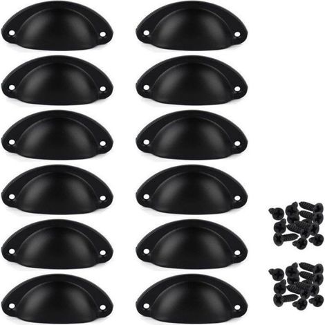 Lot de 12 poignées de tiroir, de meuble et d'armoire. Poignées semi-circulaires, petites poignées, entraxe 65 mm, noir, fer, (1/4)