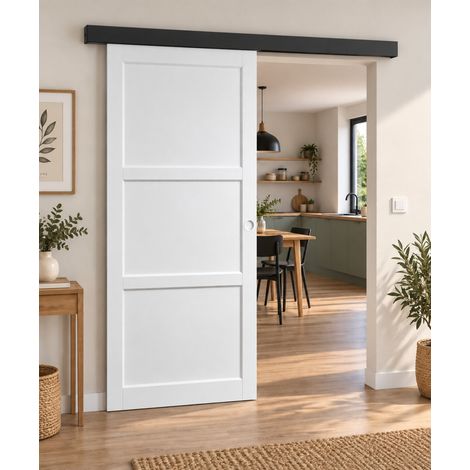 Porte Coulissante Korya Blanc 3 Panneaux H204 X L93 Cm, Rail Alu Bandeau Noir, Coquilles Blanc Gd Menuiseries (1/3)