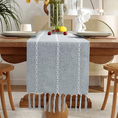 Chemin De Table En Coton Et Lin Bleu Poussiéreux Style Ferme Avec Franges Pour Salle À Manger 33x183cm (1/5)