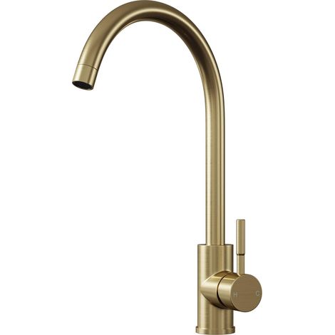 Modern Round Single Lever Kitchen Sink Mixer Tap - Top Fix Installation, 355 x 90 x 245mm, Brushed Brass Finish
