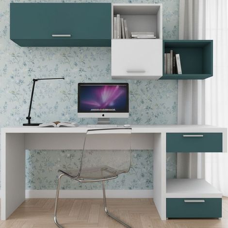 Angolo studio moderno con cassettiera sfalsata per cameretta - Bianco e Petrolio