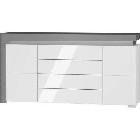 Buffet 2 portes 4 tiroirs LED inclus Teo Blanc et Gris (1/4)