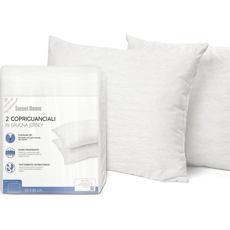 SWEET HOME - Set 2 Federe Copricuscini in Spugna Jersey e Cotone con Chiusura a Zip, Super Traspirante, Antipiega e Antibatterico - Copri Cuscini Lavabile e Certificato - Copricuscini 50x80 cm, Bianco (1/4)