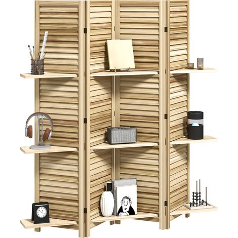 Paravent intérieur en bois 4 panneaux 160 x 170 cm, séparateur de pièce pliable avec 3 étagères, bois naturel