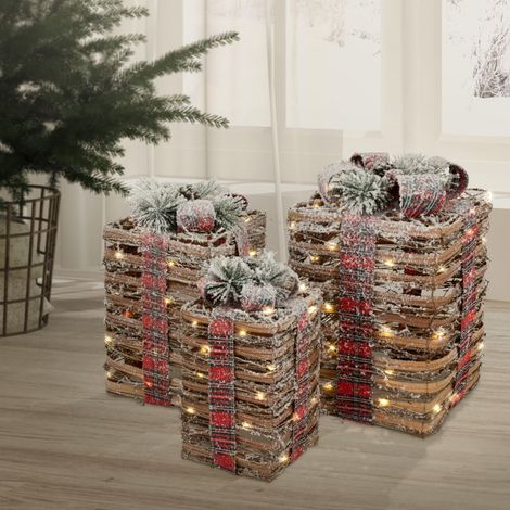 ECD Germany Set Decorativo de 3 Cajas de Regalo Navideño con Luces LED de Ratán Marrón con Nieve, Figura de Iluminación para Árbol de Navidad Blanco Cálido con Temporizador Decoración con Pilas (1/5)