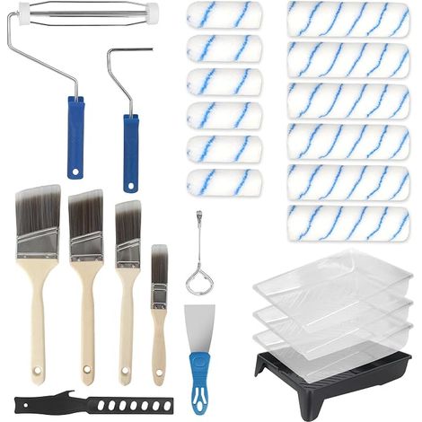 Kit Peinture 25 Pieces avec rouleau peinture 23 cm et petit rouleau peinture 10 cm, mini rouleau peinture, Bac et Pinceaux, Set de rouleau peinture pour Murs et Plafonds, rouleau a enduire (1/5)