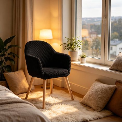 Chaise de salle à manger 53,5 × 83,5 × 46 cm noire en velours côtelé avec accoudoirs (1/4)