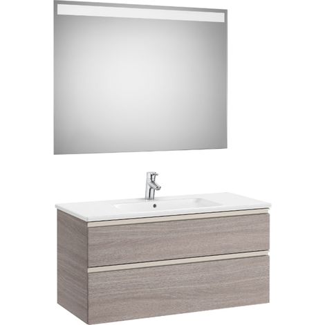 Pack meuble "The Gap" 1000 - 2 tiroirs + lavabo slim + miroir LED - city oak/poignées nickel mat - Roca (1/2)