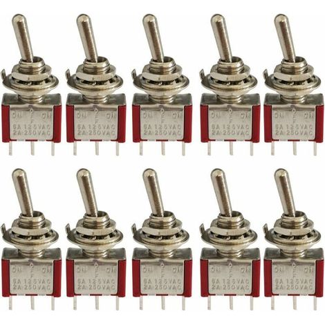 10 Stück Mini-Kippschalter, AC 125 V 6 A / 250 V 2 A, 3-polig, SPDT, EIN-AUS-EIN, 3-polig, 3 Positionen, SPDT, selbstsichernder Wippschalter für Autoteile, rot, von DEBUNS