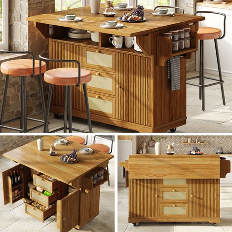Carrello da cucina pieghevole, 95 cm, con altezza ergonomica, cassetti in PE rattan, carrello mobile per cucina, balcone e campeggio, marrone scuro (1/5)